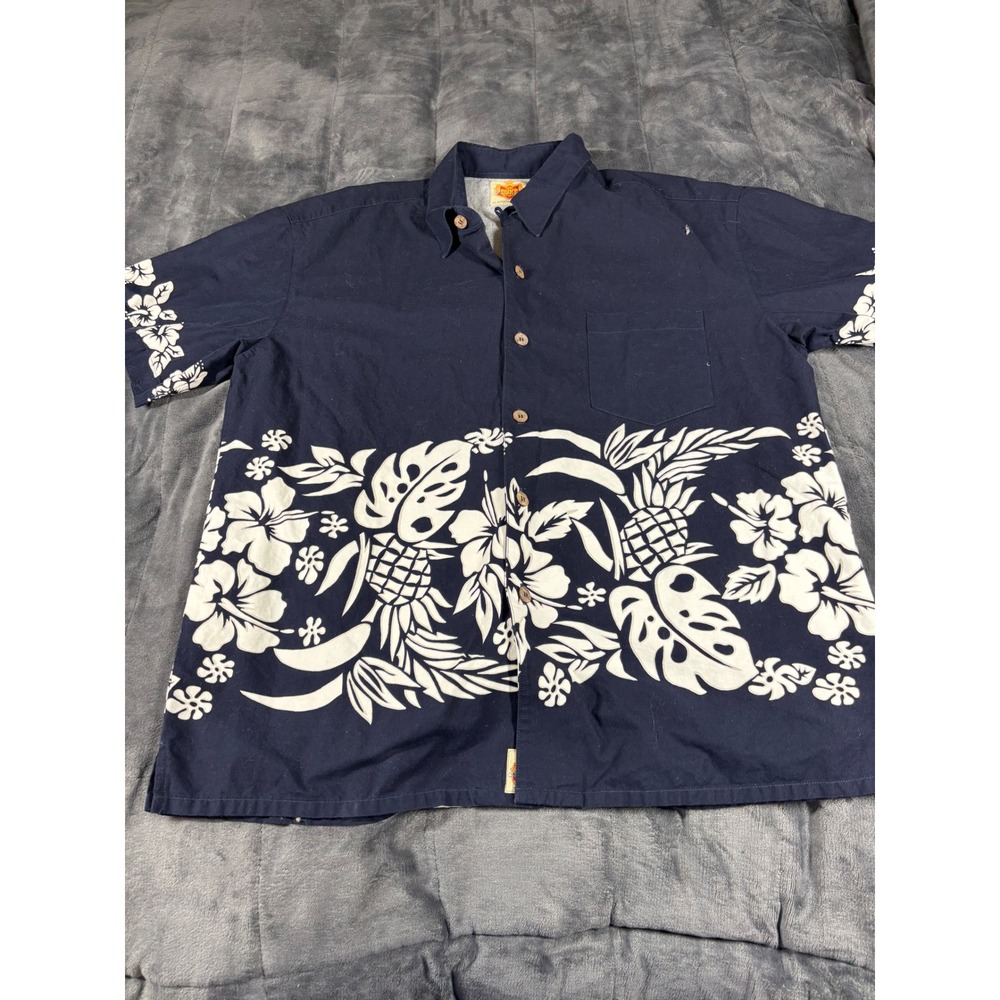 Duke Kahanamoku Mens Hawaiian Shirt Navy Blue White Pineapple Floral Cotton L